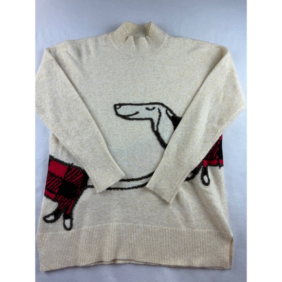 LOFT Women's Sweater Beige Mock Neck Dachshund Plaid Dog Pullover Medium - Picture 1 of 6